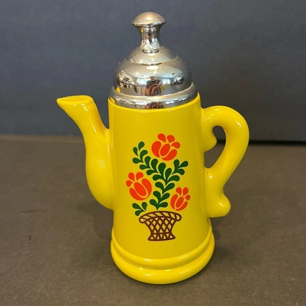 Vintage Mini Coffee Pot 5 1/2” Tall Avon Yellow Silver Top Orange Floral